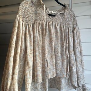 Grade&Gather Smocked Floral Peasant Blouse - Cream/Tan